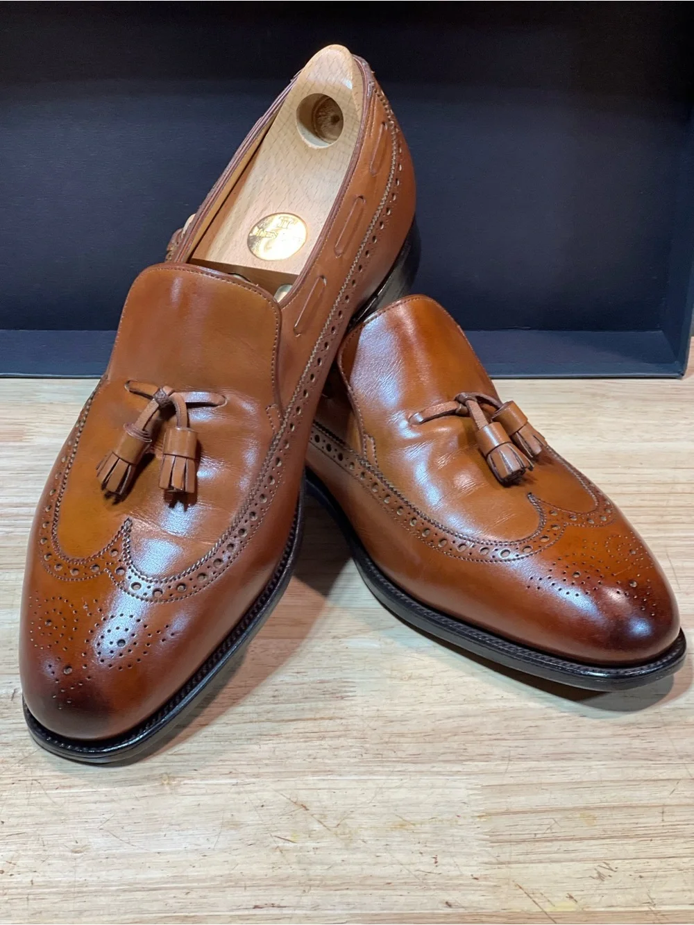 John Lobb “Egee” Men’s Cognac Leather Tassel Loafers US11D w/ Shoe Trees 🇬🇧